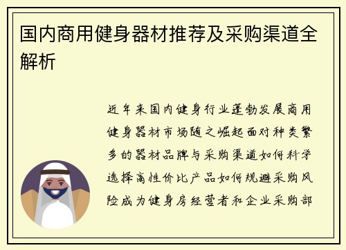 国内商用健身器材推荐及采购渠道全解析