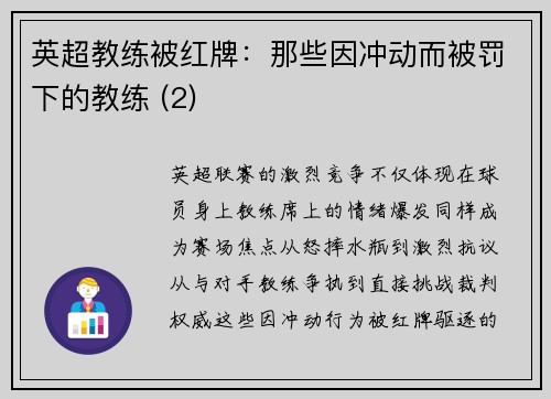 英超教练被红牌：那些因冲动而被罚下的教练 (2)